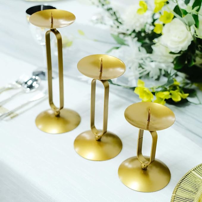 Efavormart Set of 3 | Gold Metal Geometric Oval Design Pillar Candle Holder Stands, Candle Centerpieces - Assorted Sizes
