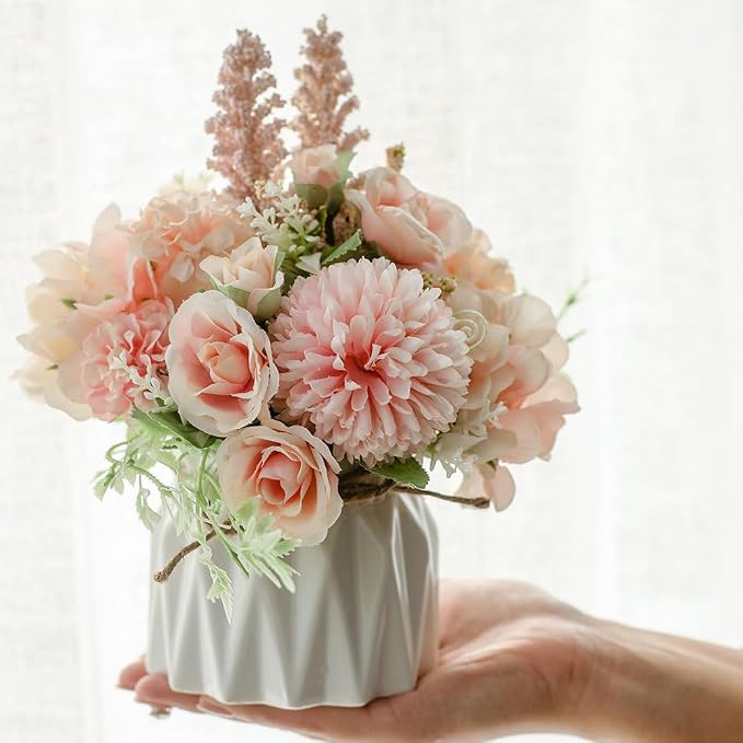TKAS Artificial Faux Silk Fake Flowers Arrangement, Small Realistic Roses & Hydrangea in Ceramic Vase, Dining Table Centerpiece for Wedding Party Home Decoration (Pink)