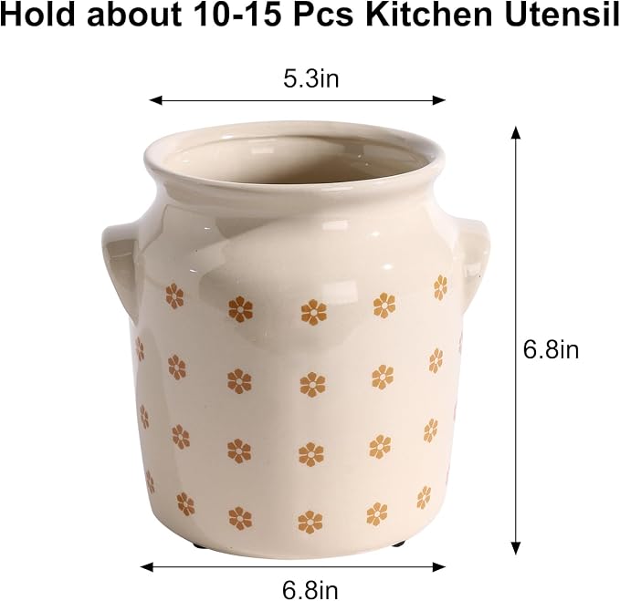 Ceramic Farmhouse Kitchen Utensil Holder for Countertop, Rustic Cooking Utensil Holder Crock Fit for Kitchen Counter. Daisy Pattern 5.3 x 5.3 x 6.8 IN