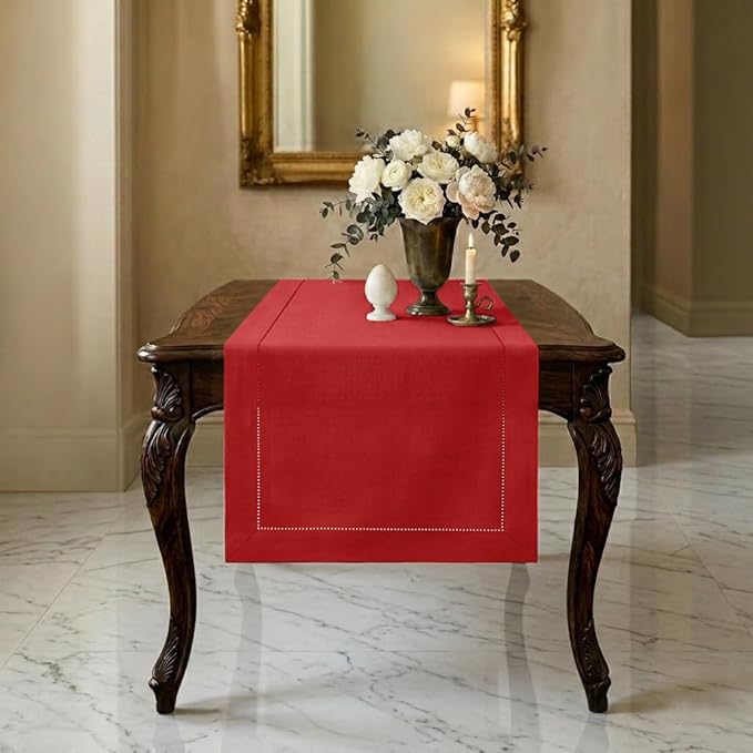 Signature Linen™ by D'Moksha Racing Red Table Runner 48 Inches, 100% Pure Linen, Hemstitch, Coffee Table Runner, 14 x 48 Inch for Dresser Tables- Summer, Father's Day