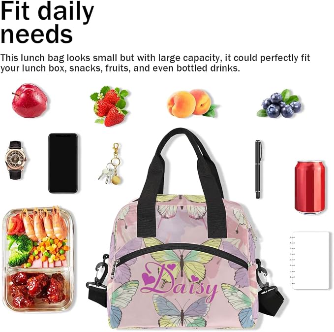 Personalized Butterfly Lunch-Bag for Women, Custom Insulated Cooler Lunch Box with Name, Leakproof-Reusable Lunch Tote Bag for Work Office Picnic - Pink Purple