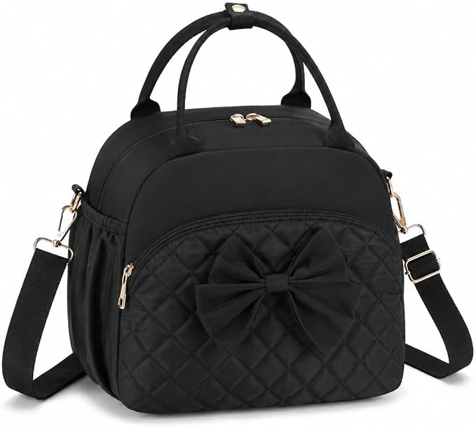 LEDAOU Lunch Box for Women, Insulated Lunch Bag Women with Adjustable Shoulder Strap, Cute Black Lunch Tote Bag for Work, Womens Lunch Bag with Bowknot, Front Zipper Pocket & Side Pockets