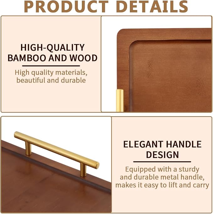 Wooden Serving Tray, 17x12In Wooden Food Drinks Tray with Metal Handles for Coffee Table, Breakfast, Dinner & Bar, Rustic Decorative Ottoman Tray for Kitchen, Parties