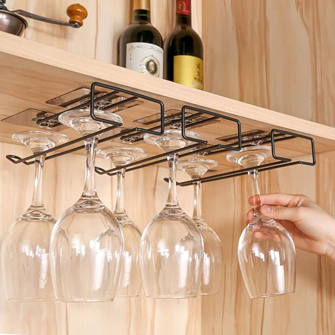 FaLKiN Wine Glass Rack，10.2 Inch Black Wall Mounted Under Cabinet Wine Glass Holder Stemware Wine Glasses Storage Hanger Metal Organizer, Hanging Stemware Holder for Bar Kitchen