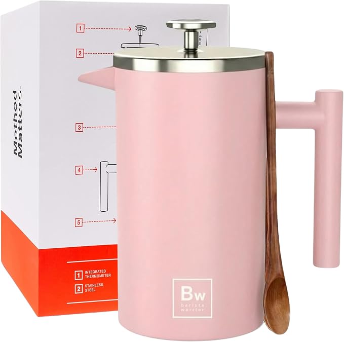 Barista Warrior French Press Coffee Maker - Double-Wall Stainless Steel Insulated French Press with Built-In Thermometer, Dual Filters Coffee Maker with Wooden Spoon - Pink