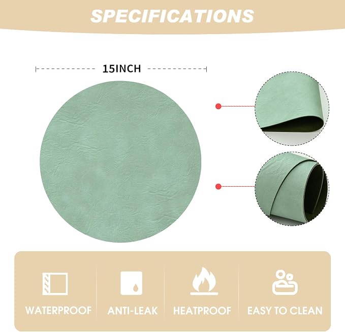 Artoid Mode Sage Faux Leather Placemats Set of 6, 15 Inch Waterproof Wipeable Heat Resistant Vinyl Place Mats, Reversible Table Mats for Spring Kitchen Dining Decor