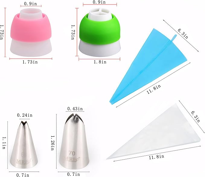 Russian Piping Tips Set: Stainless Steel Cake Decorating Tips, 27 Pcs Baking Piping Bags and Tips Set, 12 Flower Frosting Tips 2 Leaf Piping Tip 10 Pastry Bags 2 Couplers 1 Reusable Silicone Bag
