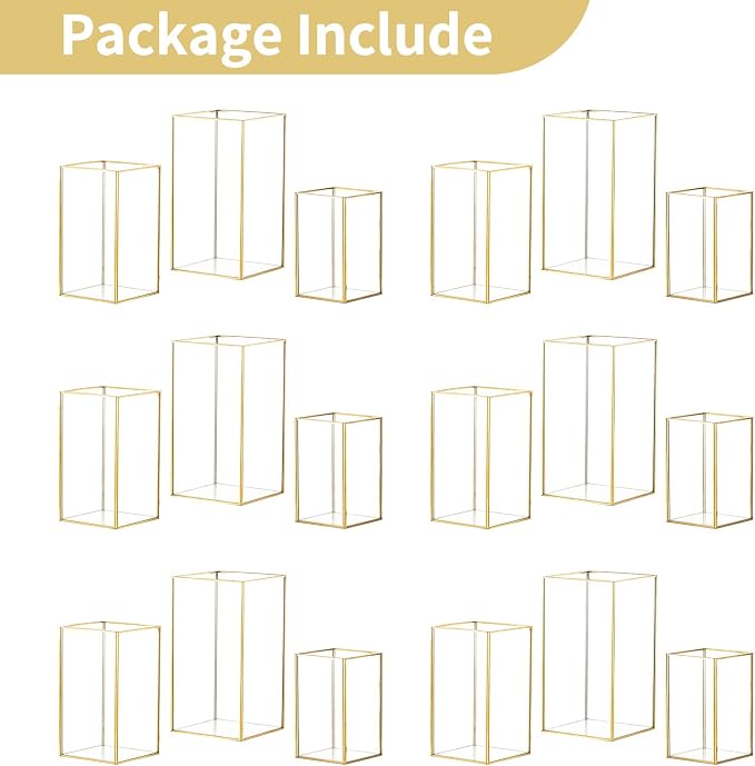 Nuptio Glass Hurricane Candle Holder Set of 18 Gold Pillar Candle Holders Large Rectangular Candleholder Table Centerpieces Decoration for Wedding Party Holiday Home Ornaments 9.5 & 8.1 & 6.5 inch