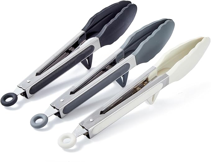 9" Kitchen Tongs, 3Pcs Tongs for Cooking with Silicone Tips, Food Grade Small Silicone Tong, Mini Serving Tong for BBQ Salad(Black,Grey, White)