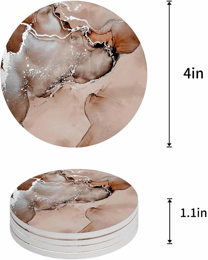 Coasters Set of 8 Brown Marble Drink Coasters with Holder Absorbent Stone Ceramic Cup Mat Abstract Waves Cloud Coaster for Drinks Coffee Bar Office Kitchen Cafe Home Table Decor