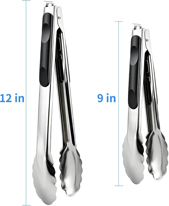 2 Pcs 9/12 Inch Kitchen Tongs for Cooking, BBQ & Salad | Heat-Resistant Stainless Steel Locking Tongs Set, Dishwasher Safe - Premium Kitchen Appliances & Cooking Tools