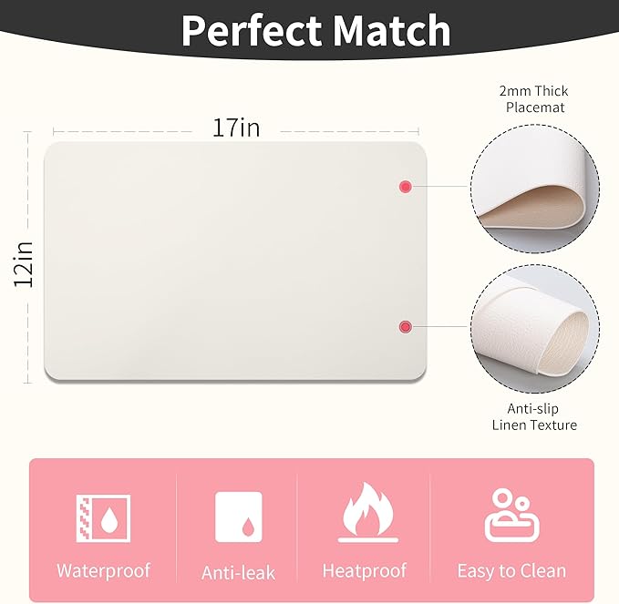 Maxpearl Faux Leather Placemats Set of 6 - Waterproof - Wipe Clean - Heat Resistant - Anti Slip Dining Table Place Mats, Suitable for Indoor & Outdoor Use, 17’’x12’’, Ivory White