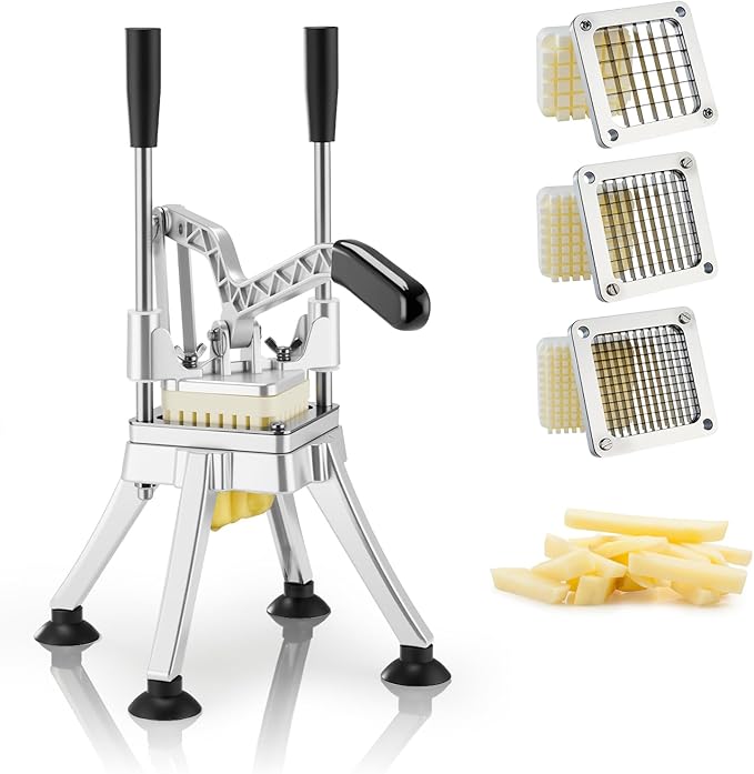Commercial Vegetable Chopper Potato Dicer & Fruit Slicer, Stainless Steel French Fry Cutter with 3 Replacement Blades(1/2 Inch, 3/8 Inch and 1/4 Inch Blades) for Restaurants & Home Kitchen