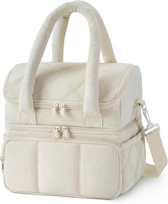 Nanxson Women Lunch Bag Double Deck Insulated Lunch Tote Bag Leakproof Quilted Puffer Lunch Box Reusable Lunch Cooler with Adjustable Strap For Work Picnic Travel Outdoor (10.9L, Beige)