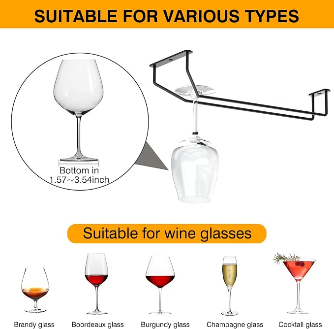 FOMANSH 14-Inch Under Cabinet Wine Glass Holder - Metal Stemware Rack, Single Rail Hanging Rack for Kitchen Bar - Set of 4