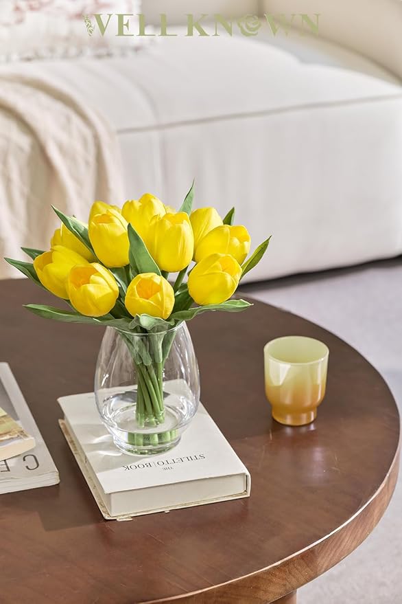 WELL KNOWN 12 Pcs Fake PU Tulips Artificial Flowers in Vase with Faux Water, Spring Summer Yellow Flower Arrangement with Glass Vase for Home Wedding Party Decor Dining Table Centerpiece & Gift