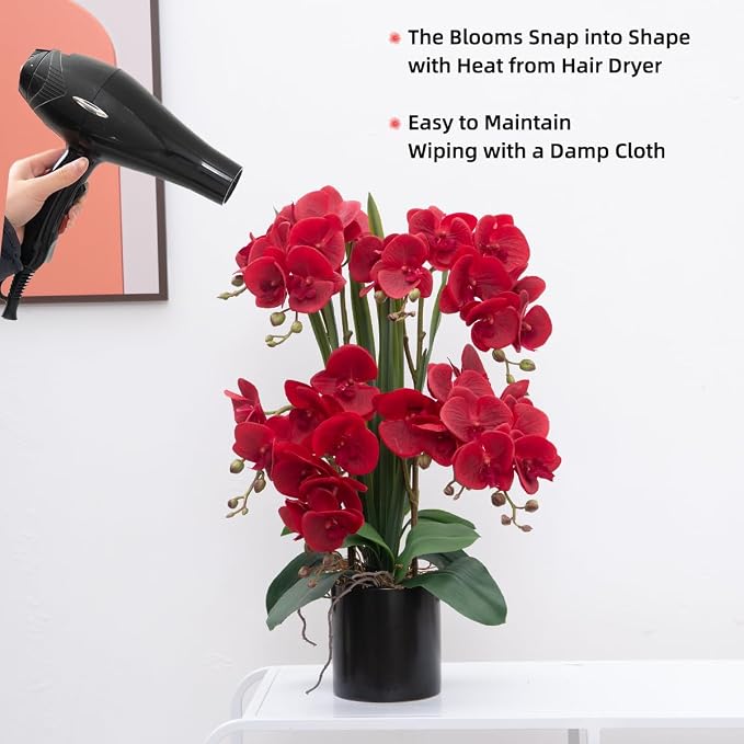 CXGS Artificial Orchid Flower Plants Real Touch Faux Orchids in Ceramic Vase 20.9'' Red Phalaenopsis Orchid Fake Flower Arrangement Home Indoor Decor