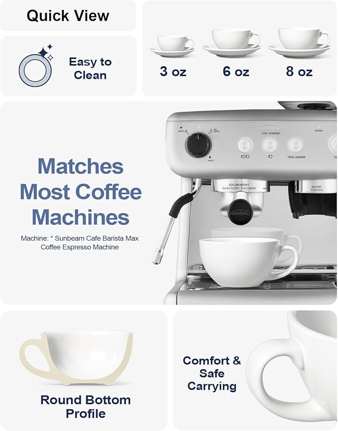 LE TAUCI 8 oz Cappuccino Cups with Saucers, Set of 4 Large Ceramic Coffee Cup Set for Latte, Au Lait, Flat White, Mocha, Tea Cup Set, Dishwasher Safe, Embossed Coffee Cups, White