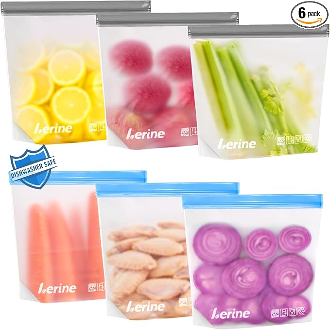 Lerine 6 Pack Reusable Freezer Bags Stand-Up Dishwasher Safe, BPA-Free Reusable 1 Gallon Bags, Leakproof Food Storage Bags for Meat Vegetables Bread Travel (Multicolor, 6Gallon)