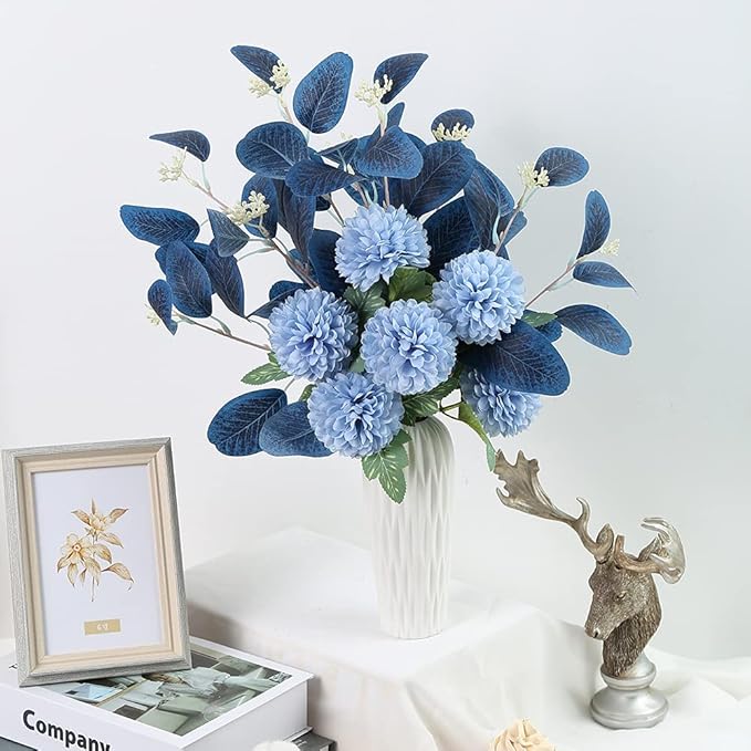 Blue Chrysanthemum Silk Flowers for Decoration Faux Flowers Bouquet for Vase Home Decor Indoor Table Centerpieces Dining Room Floral Arrangement (Without Vase, Dark Blue)