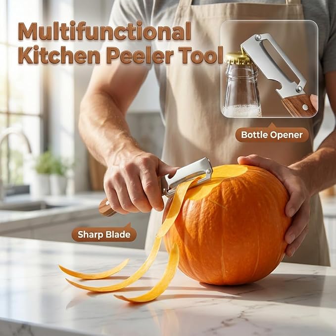 Multi-Functional Stainless Steel Thickened Fruit Peeler Knife, 2026 New 3 in 1 Stainless Steel Blade Peeler for Kitchen with Wooden Handle and Bottle Opener for Vegetable & Fruit (Deep Brown, 1PC)