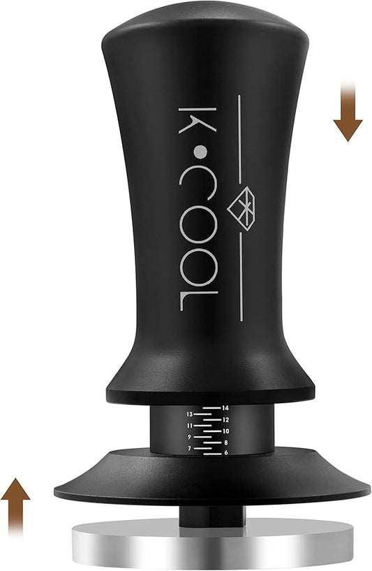 K COO Espresso Tamper, Premium Barista Tools Coffee Tamper with Calibrated Spring 30lb, 100% Stainless Steel Flat Base Tamper with Scale Mark Fits for Breville 54mm Portafilter Basket (53mm, Black)