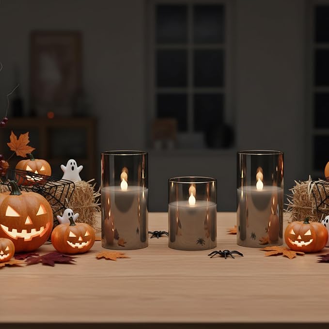 GenSwin Gray Glass Battery Operated Flameless Led Candles with 10-Key Remote and Timer, Real Wax Candles Warm White Flickering Light for Home Decoration(Set of 3)