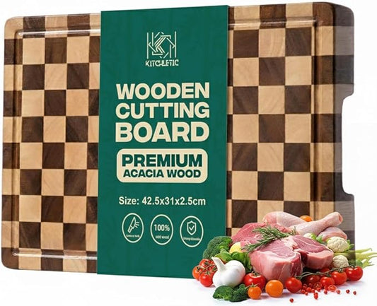 Checkered Cutting Board for Kitchen, Acacia Wood, Butcher Block Chopping Board with Juice Grooves & Handles, Large 16.5"x11.6" Serving Tray & Charcuterie Board, Gift Box Included