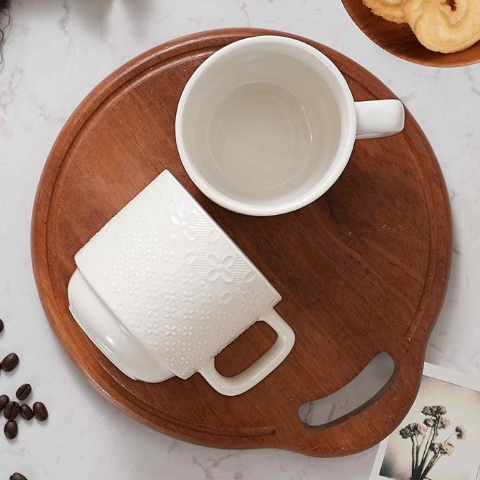 Stackable Coffee Mug Set of 4 with Stand, 10oz Ceramic Cups with Spoons – Ribbed Porcelain Mugs for Tea, Latte, Cappuccino – Microwave & Dishwasher Safe – Gift for Home & Office Use (White)