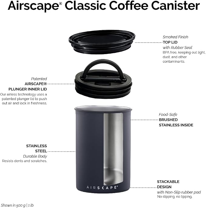 Planetary Design Airscape Stainless Steel Coffee Canister | Food Storage Container | US Patented Airtight Lid | Push Out Excess Air Preserve Food Freshness (Small, Matte Yellow)