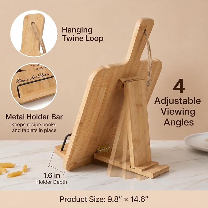Bamboo Cookbook Stand for Kitchen Counter, Wooden Recipe Book Holder with 4 Adjustable Angles, Space-Saving Wall Mount Tablet Stand, Personalized Mothers Day Gifts for Mom