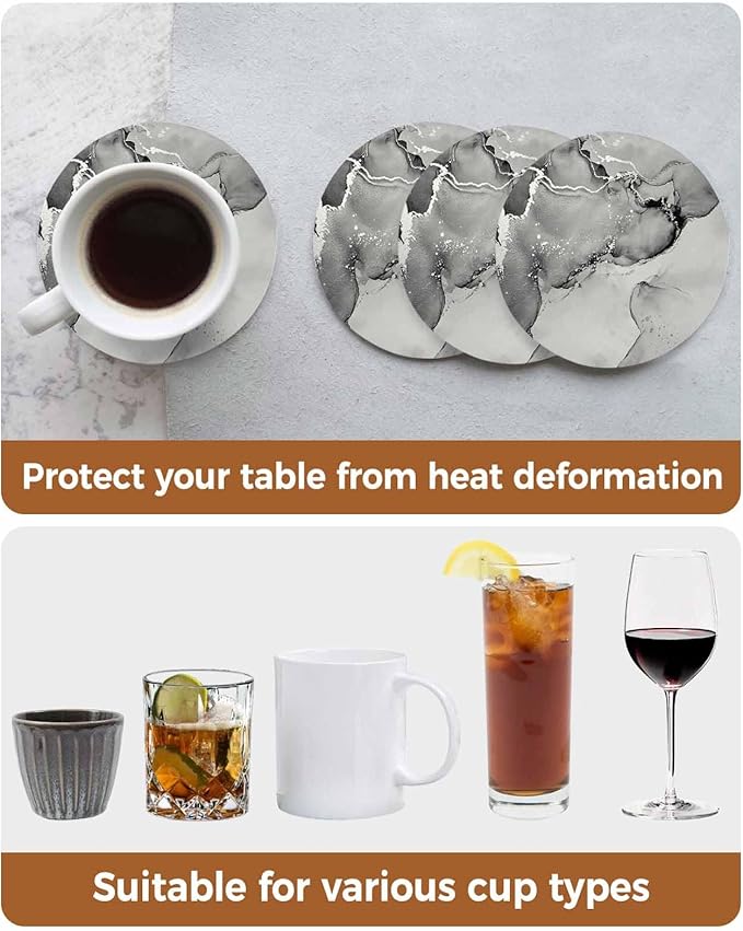 Coasters Set of 6 Black Marble Drink Coasters with Holder Absorbent Stone Ceramic Cup Mat Abstract Waves Cloud Coaster for Drinks Coffee Bar Office Kitchen Cafe Home Table Decor