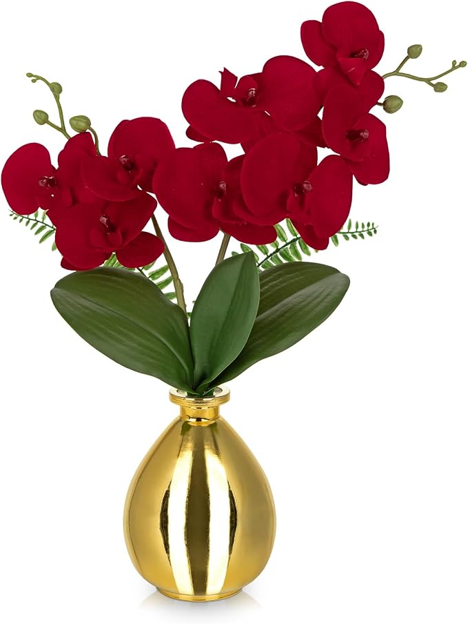 Oairse Red Orchids Artificial Flowers, Faux Orchid in Glass Vase Real Touch Small Phalaenopsis Orchid Flowers Arrangements with Gold Vase Orchids Centerpiece for Dining Room Table