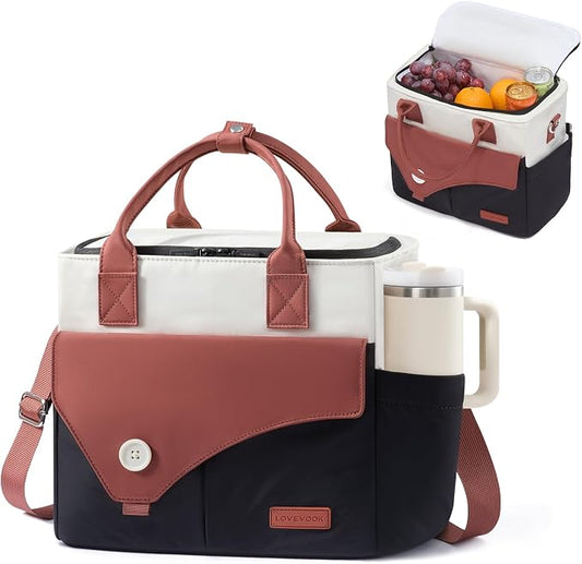 LOVEVOOK Insulated Lunch Bag for Women, Wide Opening Leakproof Cooler Bag with Cup Holder and Shoulder Strap, Adult Large Lunch Box for Work Teacher Nurse