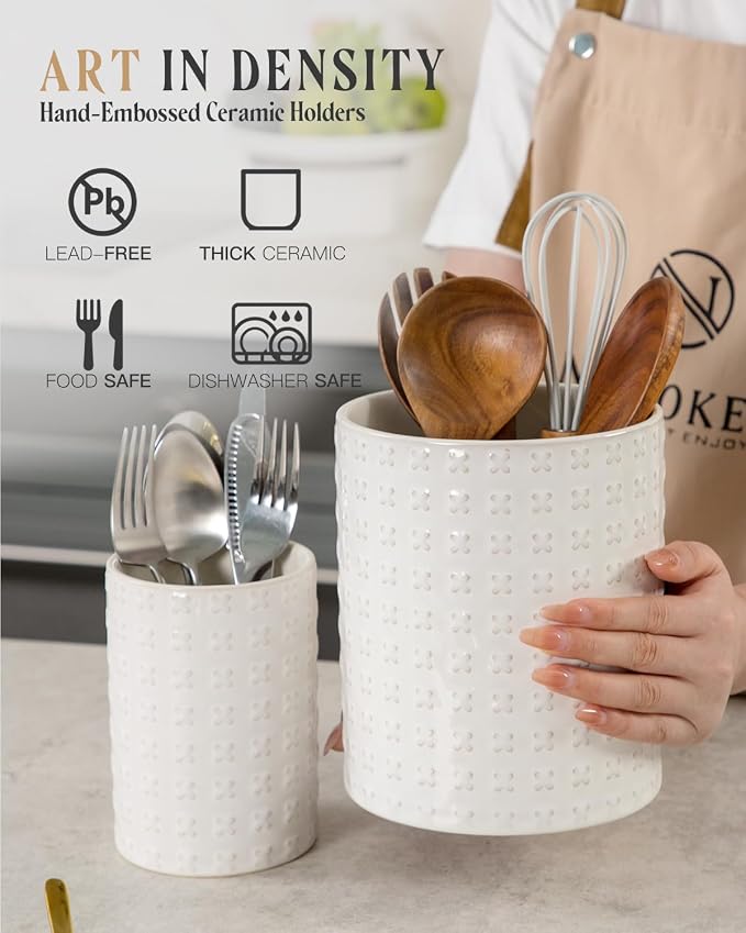 Nucookery Utensil Holder for Kitchen Counter, White Large Stable Ceramic Cooking Utensil Crock for Countertop Organizer, Farmhouse Decor, Set of 2, 7.1"&5.4", Christmas Thanksgiving Gift, X-Texture