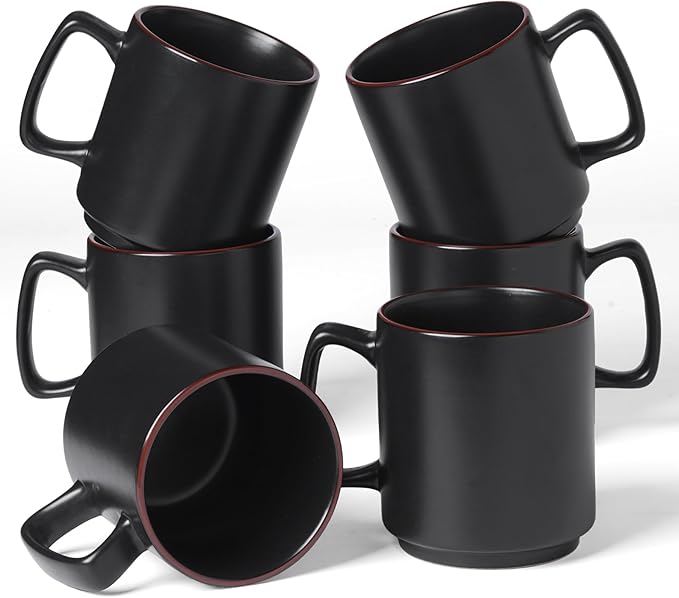 famiware Coffee Mugs Set of 6, Nebula 14oz Coffee Mugs, Ceramic Cup Set with Handle for Latte, Tea, Milk, Cappuccino, Cocoa, Matte Black