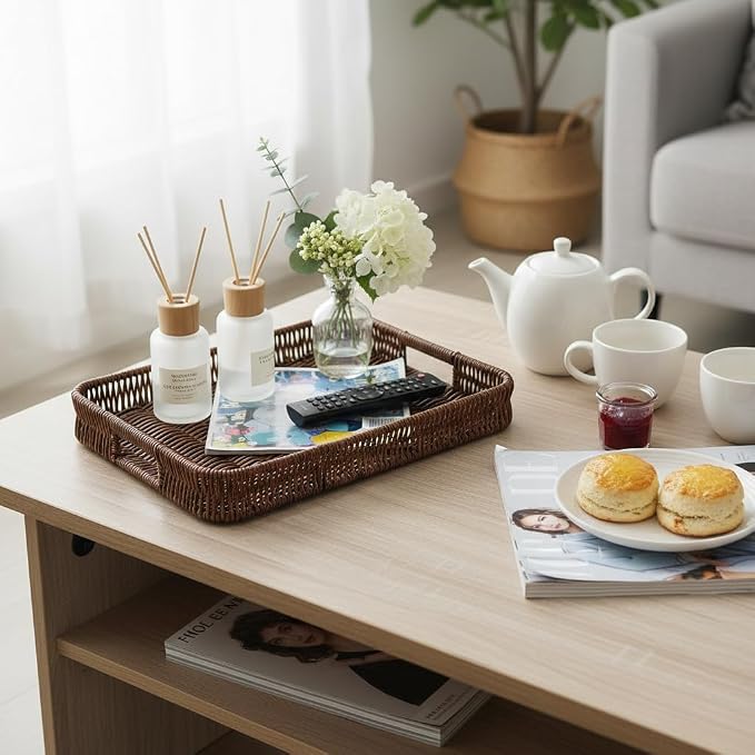 3pcs Rectangular Serving Tray with Handles, Decorative Wicker Organizer Baskets Storage Tray for Coffee Table, Bread, Fruit, Snacks, Centerpiece Decor