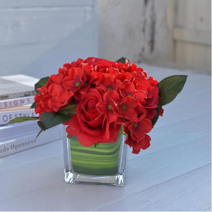 Fule Artificial Silk Rose Flower Centerpiece Arrangement in vase for Home Wedding Decoration (Red)
