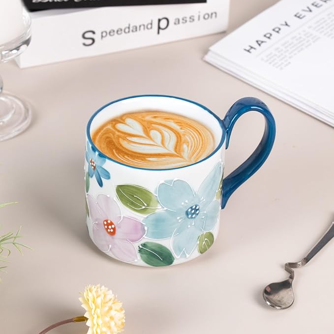 KAMMAK Ceramic Coffee Mug, 13.5oz Blue Mugs Set of 2, Novelty Cup for Tea, Juice, Milk, Cute Porcelain Water Cups with Handle for Women, Dishwasher and Microwave Safe