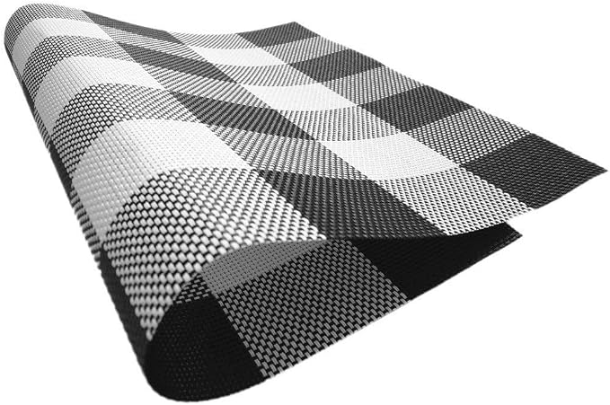 Ukeler Placemats Set of 4- Buffalo Check Plaid Placemats Woven PVC Kitchen Table Mats Anti-Skid Washable Vinyl Placemats for Dining Table, Black and White