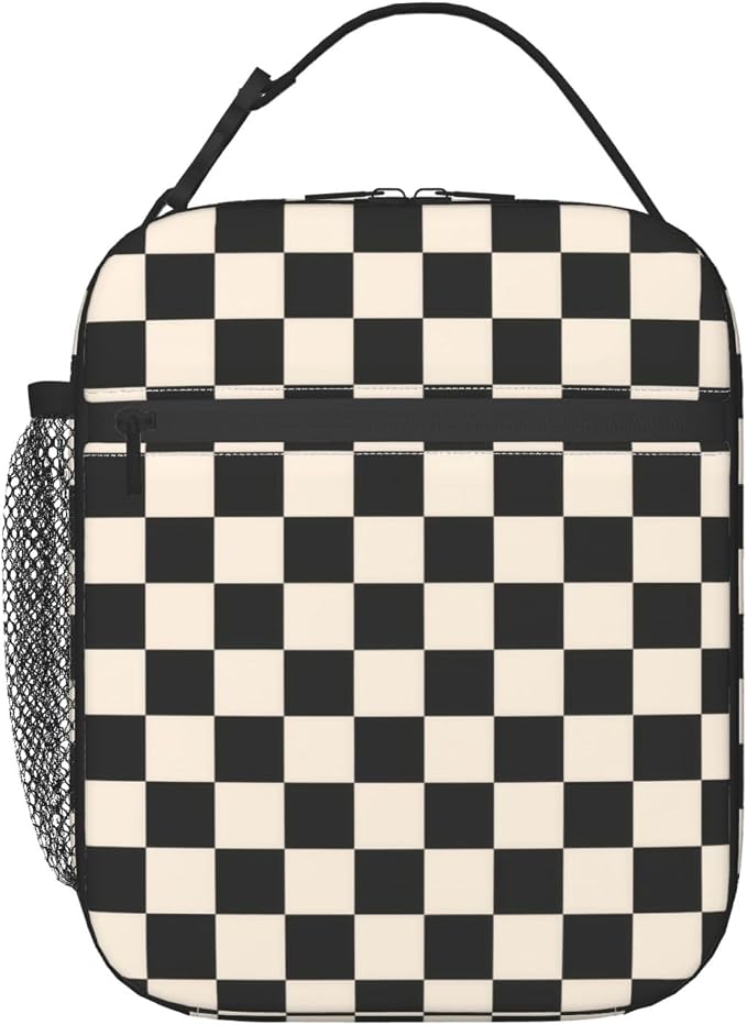 Black White Checkered Lunch Box Insulated Lunch Bag for Adult Women Men Reusable Aesthetic Tote Lunchbox Container Work Outdoor Picnic Hiking