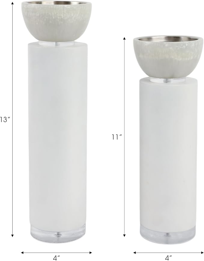 Elegant Pillar Candle Holders for Home Decor - Modern Candlestick Holders for Dining Table Centerpieces, Entryway, or Console - Decorative Candle Stand Holders for Shelf Set of 2-13", 11" White