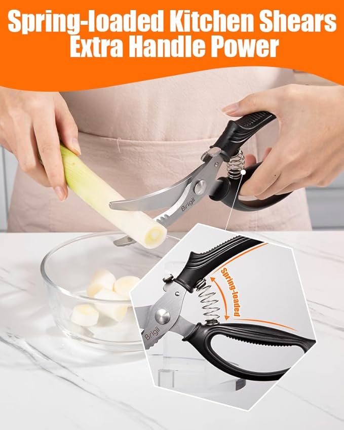 Brigii Spring Loaded Kitchen Shears, Heavy Duty Poultry Shears for Chicken and Turkey, Stainless Steel Kitchen Scissors for Meat, Fish, Seafood & Vegetables, Serrated Edge for Scaling
