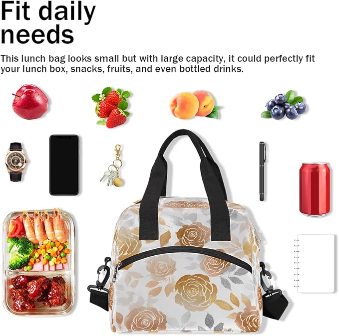 Pardick Golden Rose Flower Insulated Lunch Bag for Women Leakproof Lunch Box Large Cooler Thermal Tote Bag with Shoulder Strap Meal Prep Bags for Work School Office Picnic Teen Girls Adult
