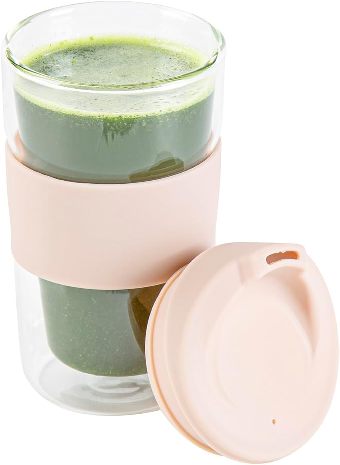 Restaurantware Glass Travel Mug 1 Count 12 Ounce Double Wall Borosilicate Reusable Coffee Cup, Spill-Resistant Tan Silicone Lid, Clear Drinkware Mug for Hot and Cold Beverages