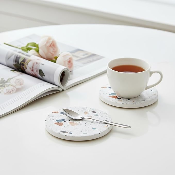 Terrazzo Coasters Set of 6, Ceramic Absorbent Drink Coasters, Cute Mid Century Boho Coaster, Coffee Table Desk Decor, Colorful Stone Coaster for Drinks