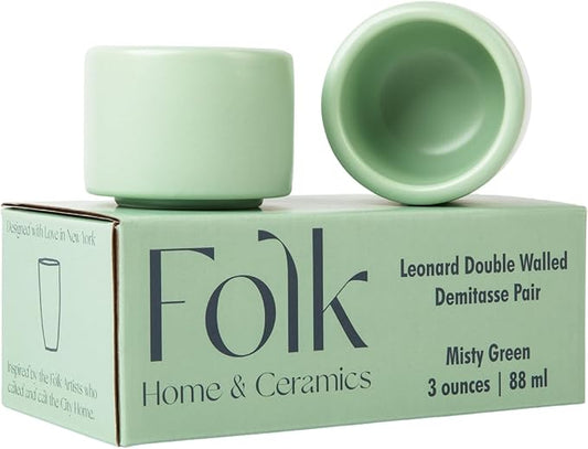 Folk Ceramics Leonard Ceramic Espresso Cups | Modern Stackable Demitasse Mugs for Espresso | Double Walled, Handleless, Durable, Dishwasher & Microwave Safe | 3oz, Set of 2 | Misty Green