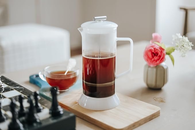 Teabloom Toulouse Borosilicate Glass Tea Press and Coffee Maker with No Plastic, 24-Ounce (700 mL) - Frost White