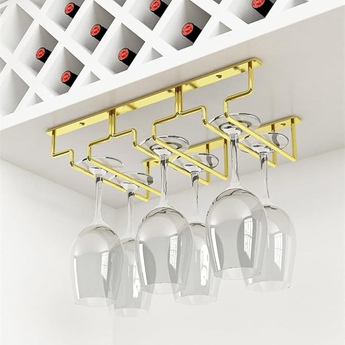 Wcxixo Gold Wine Glass Rack Under Cabinet Cup Storage Rack Wall Mounted Stemware Rack Wine Cup Hanging Shelf Display Stand for Red Wine Glass Champagne Glass Cocktail Glass