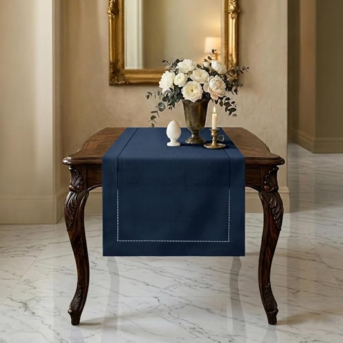 Signature Linen™ by D'Moksha Navy Blue Table Runner 48 Inches, 100% Pure Linen, Hemstitch, Coffee Table Runner, 14 x 48 Inch for Dresser Tables- Summer, Father's & Independence Day